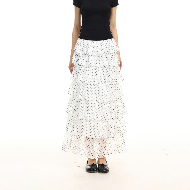 Mid Rise Dotted Maxi Tiered Skirt