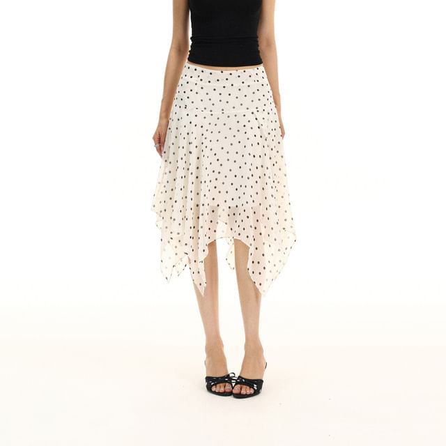 Mid Rise Dotted Asymmetrical Midi A-Line Skirt