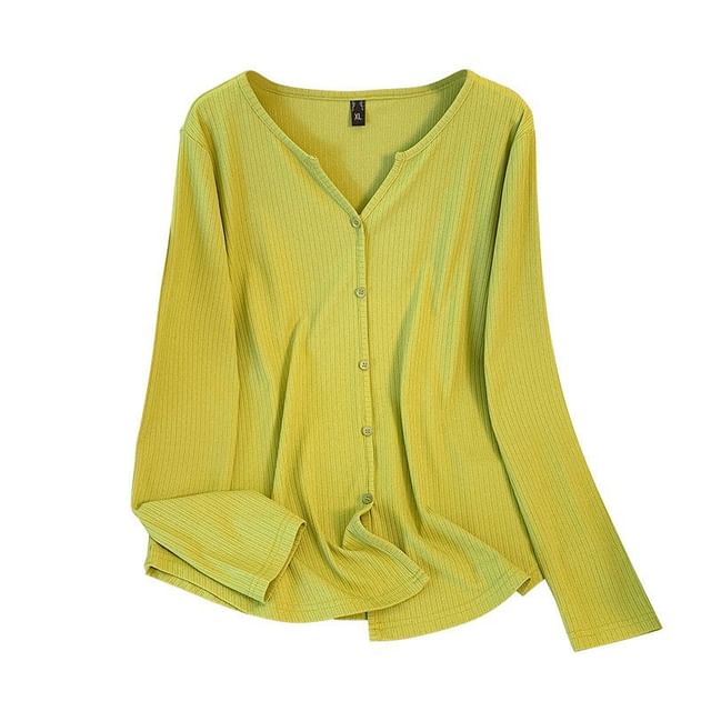 V-Neck Ribbed Button Top Long Sleeve