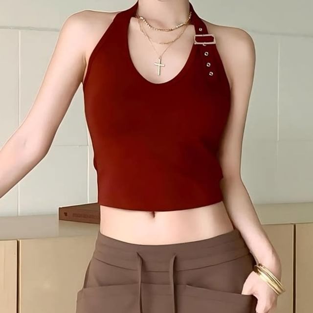 V-Neck Halter Buckled Open Back Crop Top