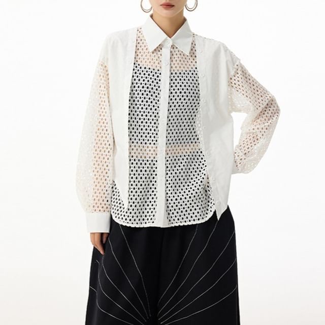 Long Sleeve Collared Panel Mesh Shirt