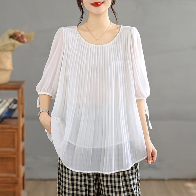 Scoop Neck Pleated Elbow Sleeve Blouse