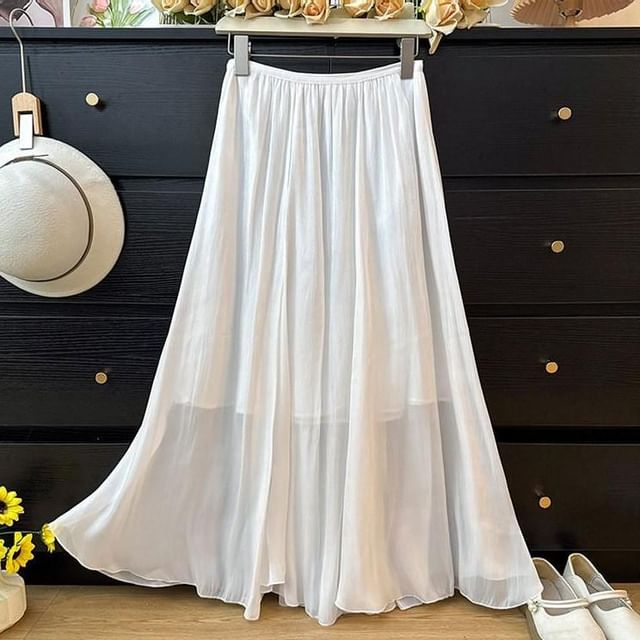 High Waist Plain Sheer Maxi A-Line Skirt
