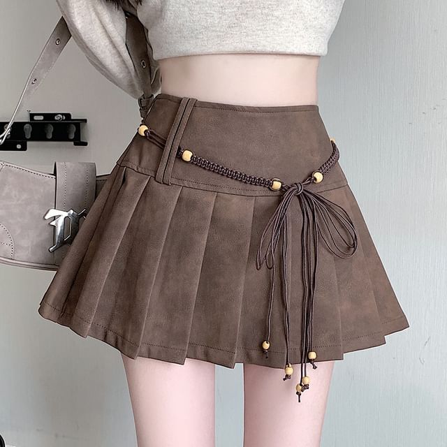 High Waist Plain Faux Suede Mini Pleated Skirt