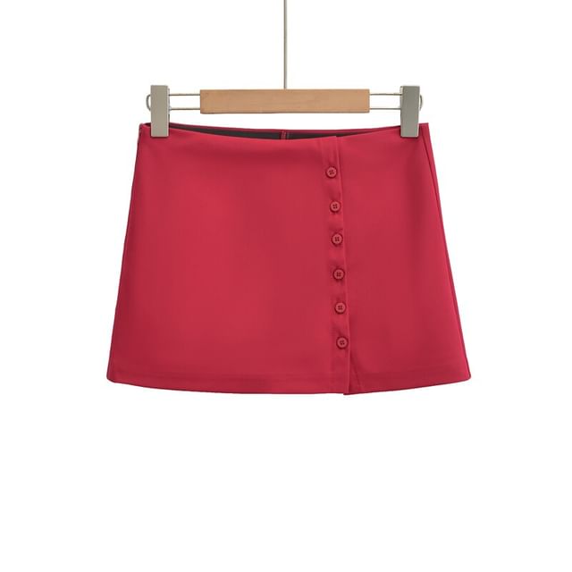 High Waist Button Up Mini A-Line Skirt