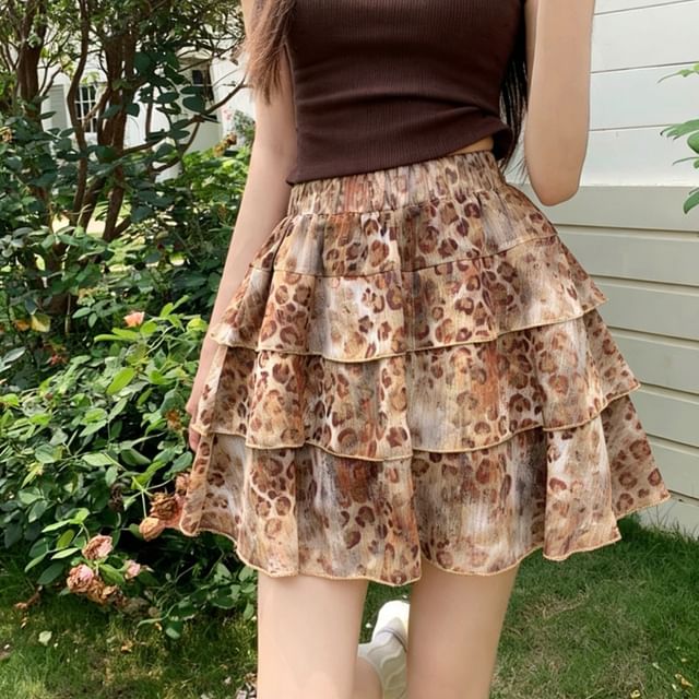 High Waist Leopard Print Tiered Ruffle Mini A-Line Skirt