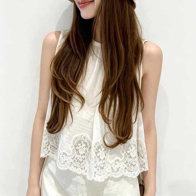 Sleeveless Round Neck Plain Lace Panel Top / Elastic Waist Plain Wide Leg Pants