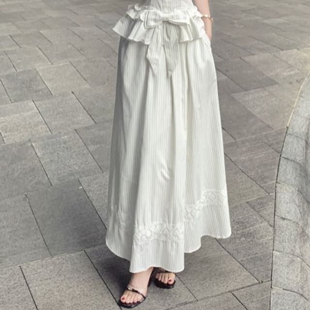 V-Neck Halter Blouse with Pinstripes and Ruffle Trim Plus Maxi Skirt
