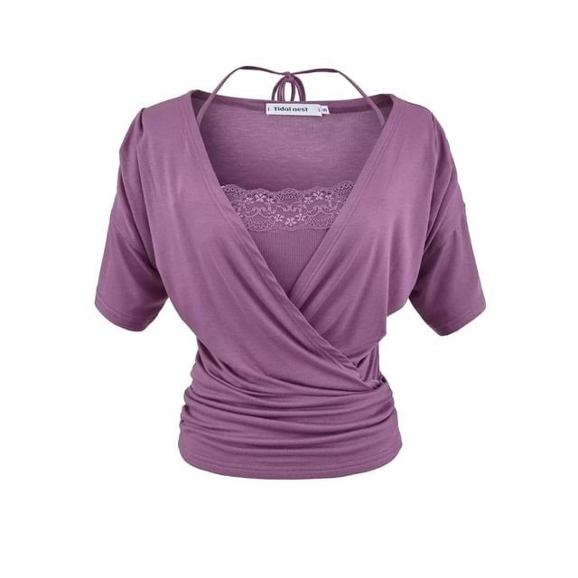 V-Neck Plain Top and Lace Halter Crop Top Set