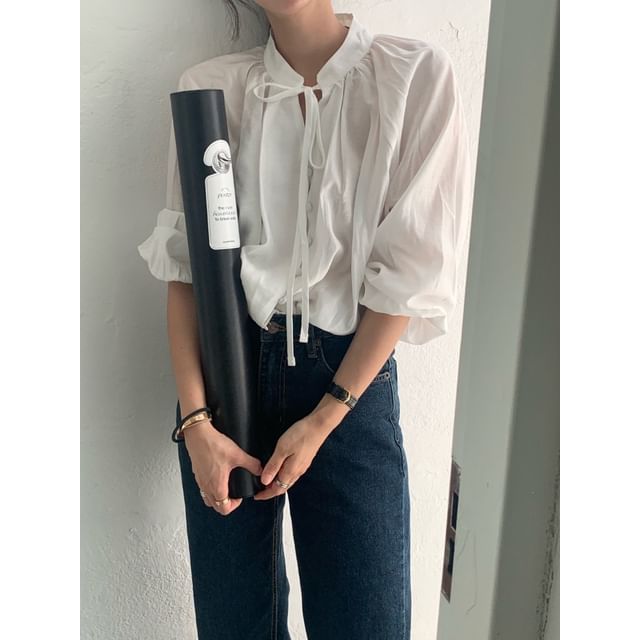 Tie Neck Long Sleeve Blouse in Solid Color