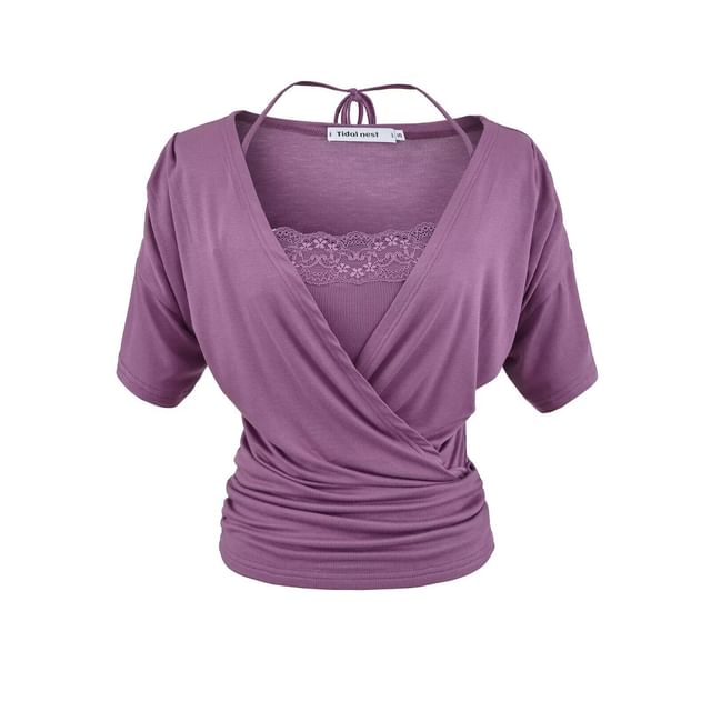 Set: Short-Sleeve V-Neck Plain Wrap Top + Halter Neck Lace Trim Crop Camisole Top