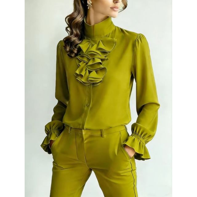 Stand Collar Ruffle Blouse with Long Sleeves in Solid