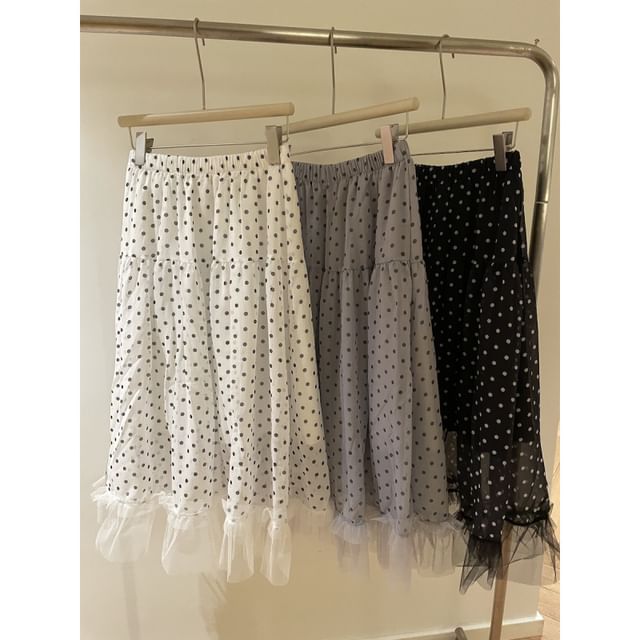 Elastic Waist Polka Dot Ruffle Panel Mesh Midi A-Line Skirt