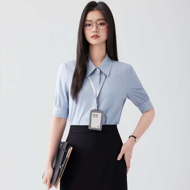 Short-Sleeve Plain Shirt / High Waist Midi A-Line Skirt / Set