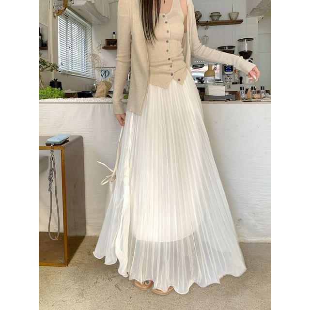 High Waist Plain Accordion Pleated Maxi A-Line Skirt
