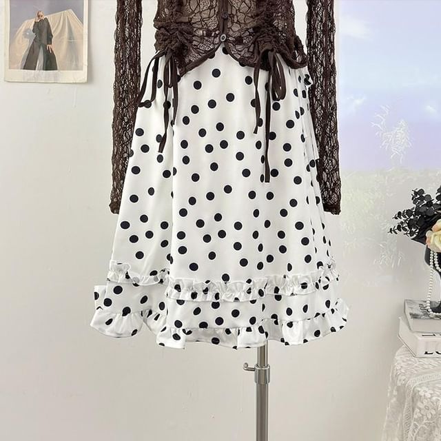 Drawstring Waist Polka Dot Ruffle Midi A-Line Skirt