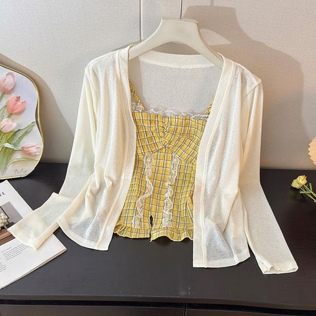 Set: Plaid Slit Lace Trim Camisole Top + Plain Open Front Cardigan