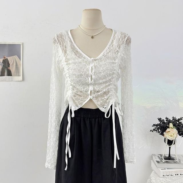 Long Sleeve V-Neck Plain Drawstring Button Lace Top