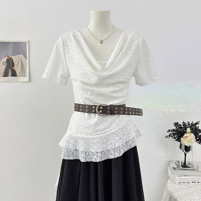 Short Sleeve Cowl Neck Plain Asymmetrical Mock Two Piece Lace Top