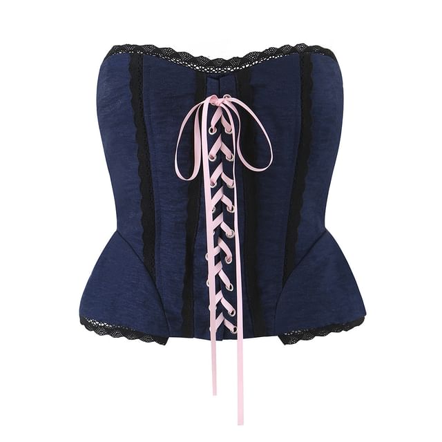 Lace Trim Lace-Up Crop Corset Tube Top