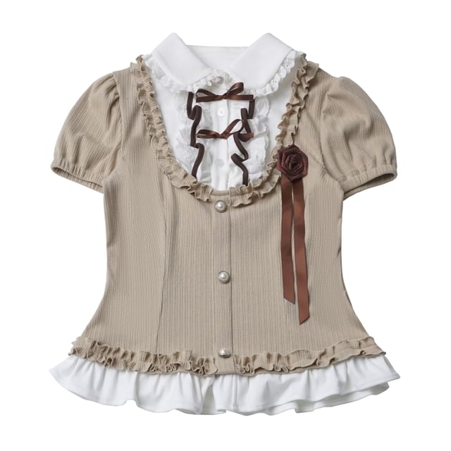 Short-Sleeve Collared Frill Trim Top / High Waist Mini Tiered Skirt