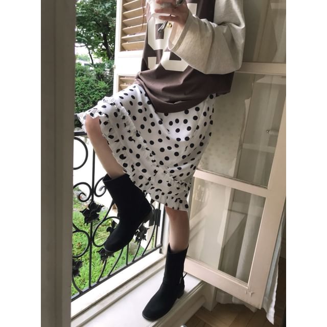 High Waist Polka Dot Frill Trim A-Line Skirt