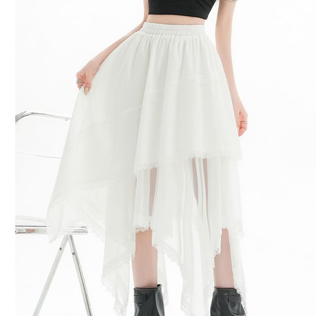 Elastic Waist Plain Asymmetrical Lace Trim Mesh Midi A-Line Skirt
