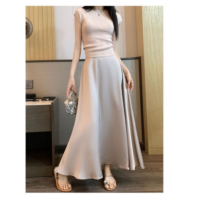High Waist Plain Satin Maxi A-Line Skirt