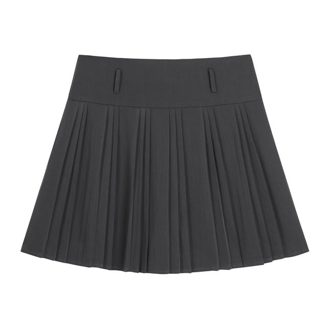 Puff-Sleeve Square-Neck Plaid Panel Blouse / High Waist Plain Pleated Mini A-Line Skirt