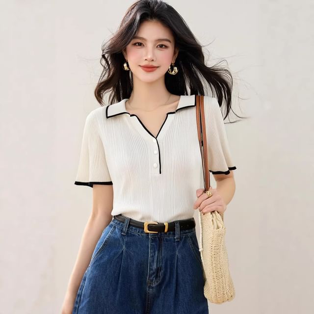 Collared Contrast Trim Short Sleeve Knit Top