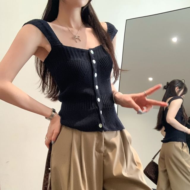 Square Neck Button-Up Knit Crop Tank Top