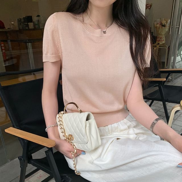 Crew Neck Plain Crop Knit Top