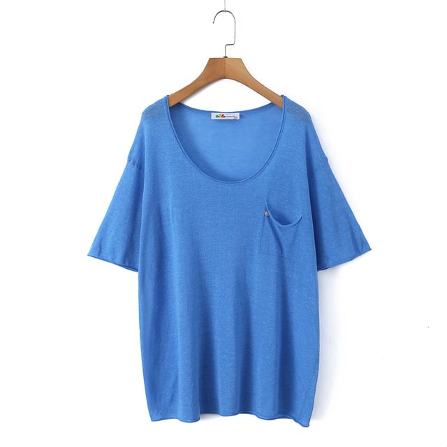 Elbow Sleeve Scoop Neck Melange Sheer Knit Top