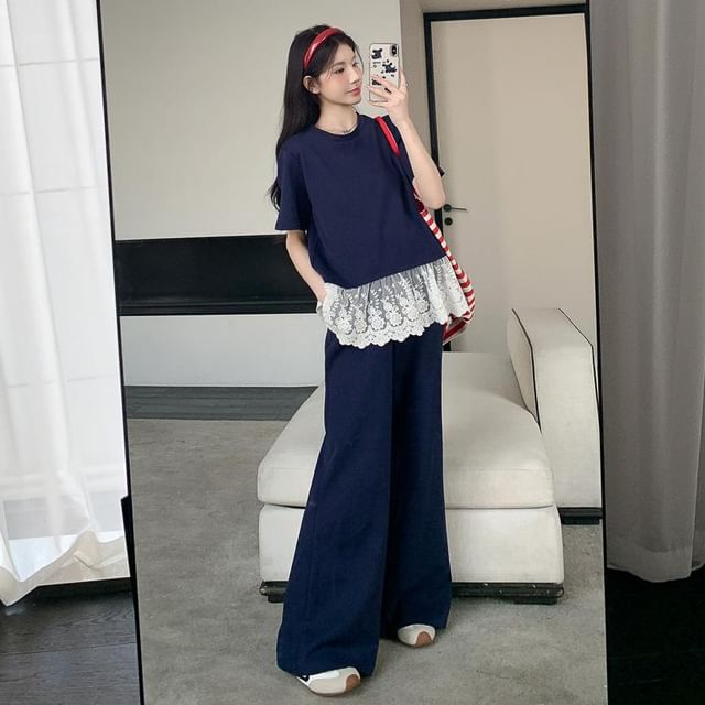 Maternity Lace Hem Top and Flared Pants Set