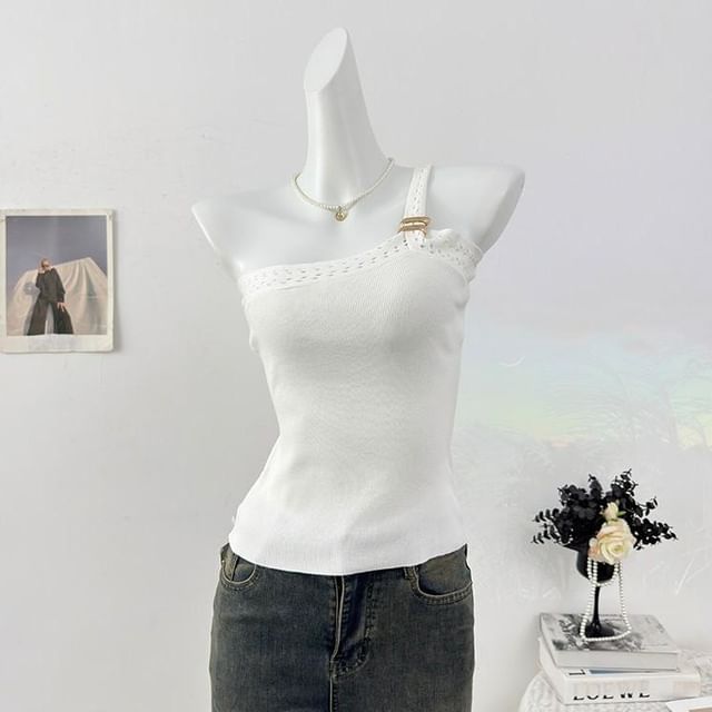One-Shoulder Perforated Knit Crop Tank