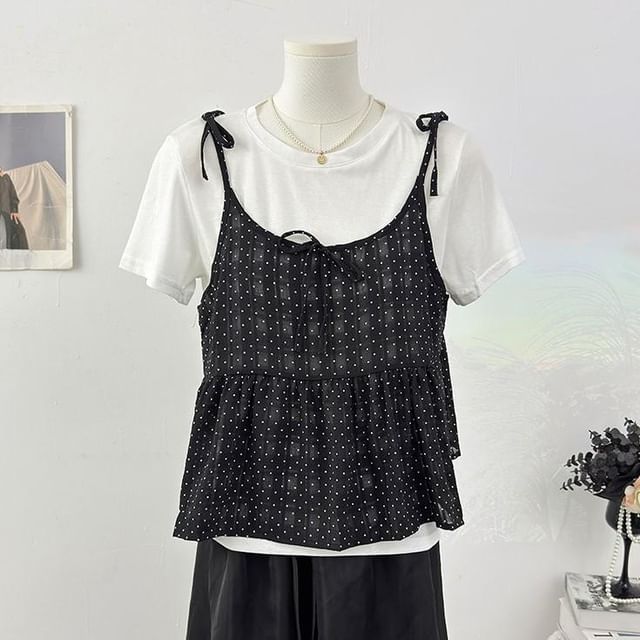 Crew Neck T-Shirt and Scoop Neck Micro Dot Camisole Set
