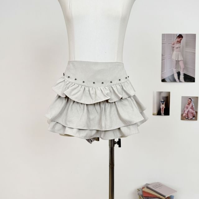 Short-Sleeve Collared Plain Crop Blouse / Mini Tiered Skort
