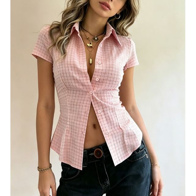 Short Sleeve Gingham Slim-Fit Shirt