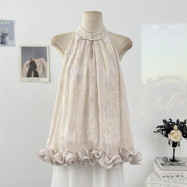 Sleeveless Floral Jacquard Ruffle Plain Top