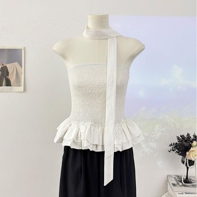 Set: Strapless Smocked Plain Flowy Top + Twilly