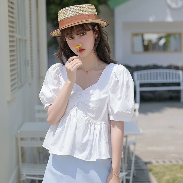 V-Neck Ruched Short-Sleeve Blouse
