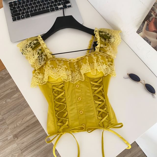Lace Panel Padded Square Neck Lace-Up Crop Tank