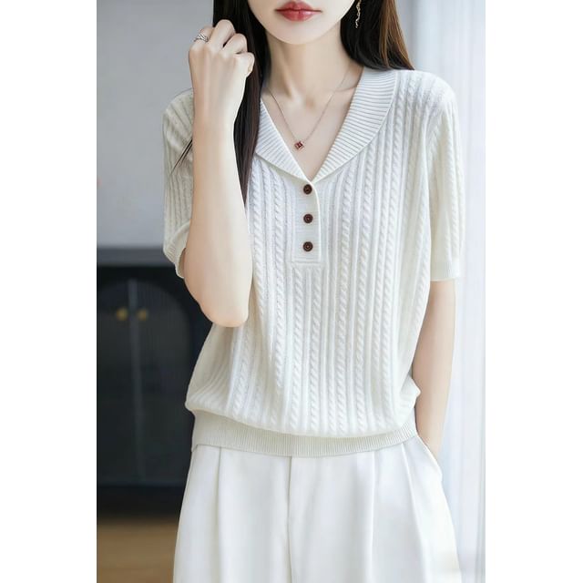 Shawl Collar Cable Knit Short-Sleeve Top