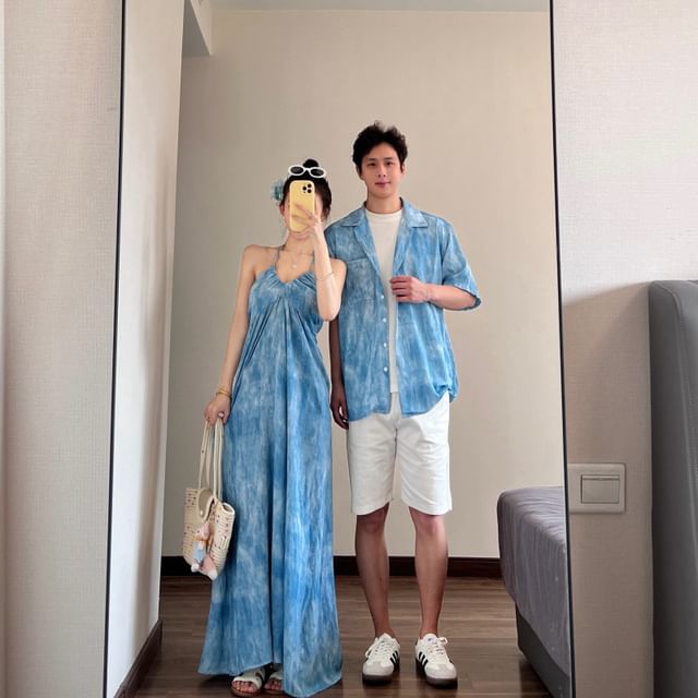 Couple Tie-Dye Button-Up & Sundress & Cape & Tee & Shorts Set