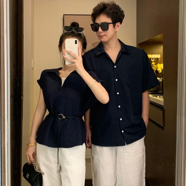 Plain Button-Up Shirt & Cap-Sleeve Top with Belt Set