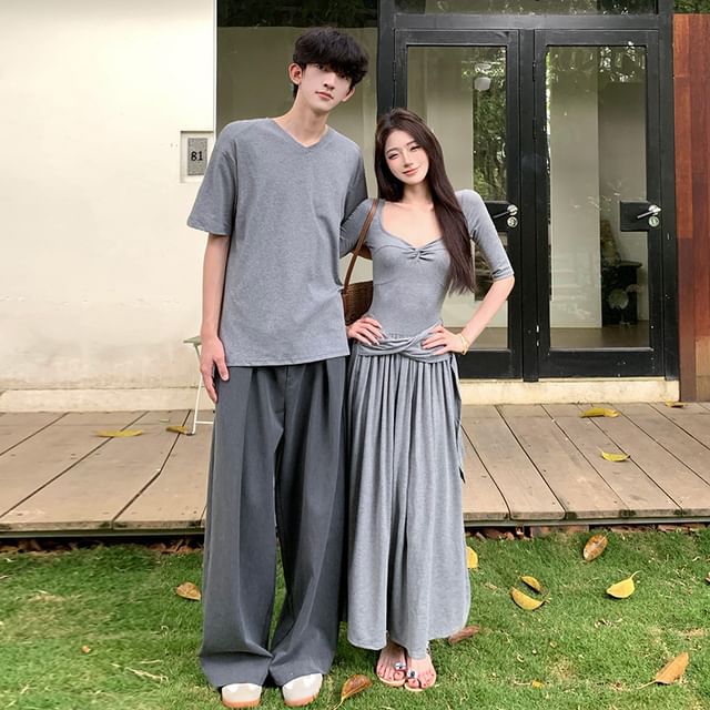 Couple V-Neck Tee & Shirred A-Line Dress Set
