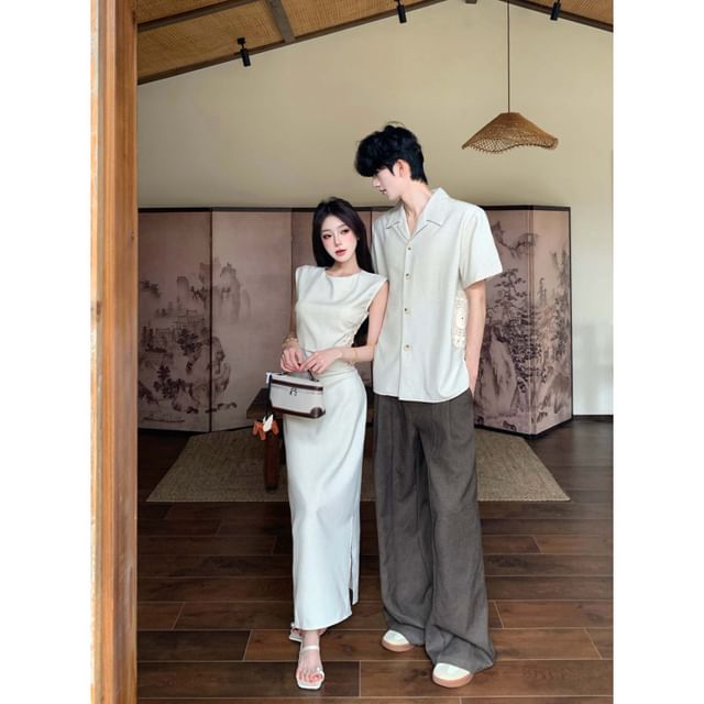 Plain Button-Up Shirt & Sleeveless A-Line Midi Dress
