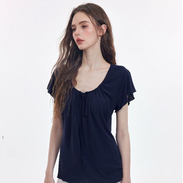 Scoop Neck Tie Front Short-Sleeve Top