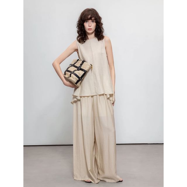 Linen Crewneck Sleeveless Top & Wide Leg Pants Set