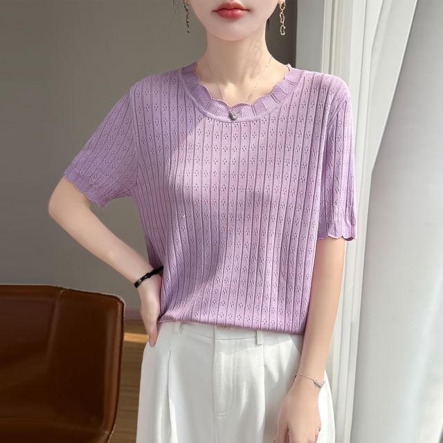 Pointelle Ribbed Round Neck Knit Tee